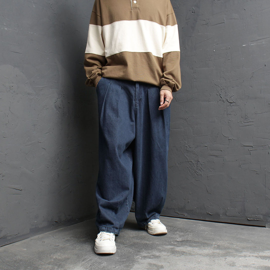 【BAON】Homens Denim Wide Balloon Cargo Pants diagonal Washing balloon cargo denim pants 2C - UNAIDUN | 60