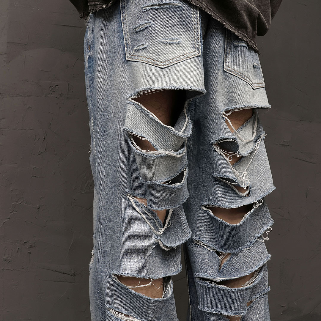 Destroyed Damaged Cut Wide Denim Pants 4610 - Gentler
